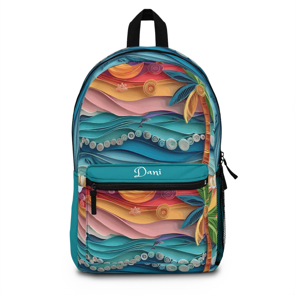 Tropical Origami Colorful Beachy Waves Personalized Backpack, Custom School Bag, Tropical Vibes Daypack, Gift for Students, Travel Essentials
